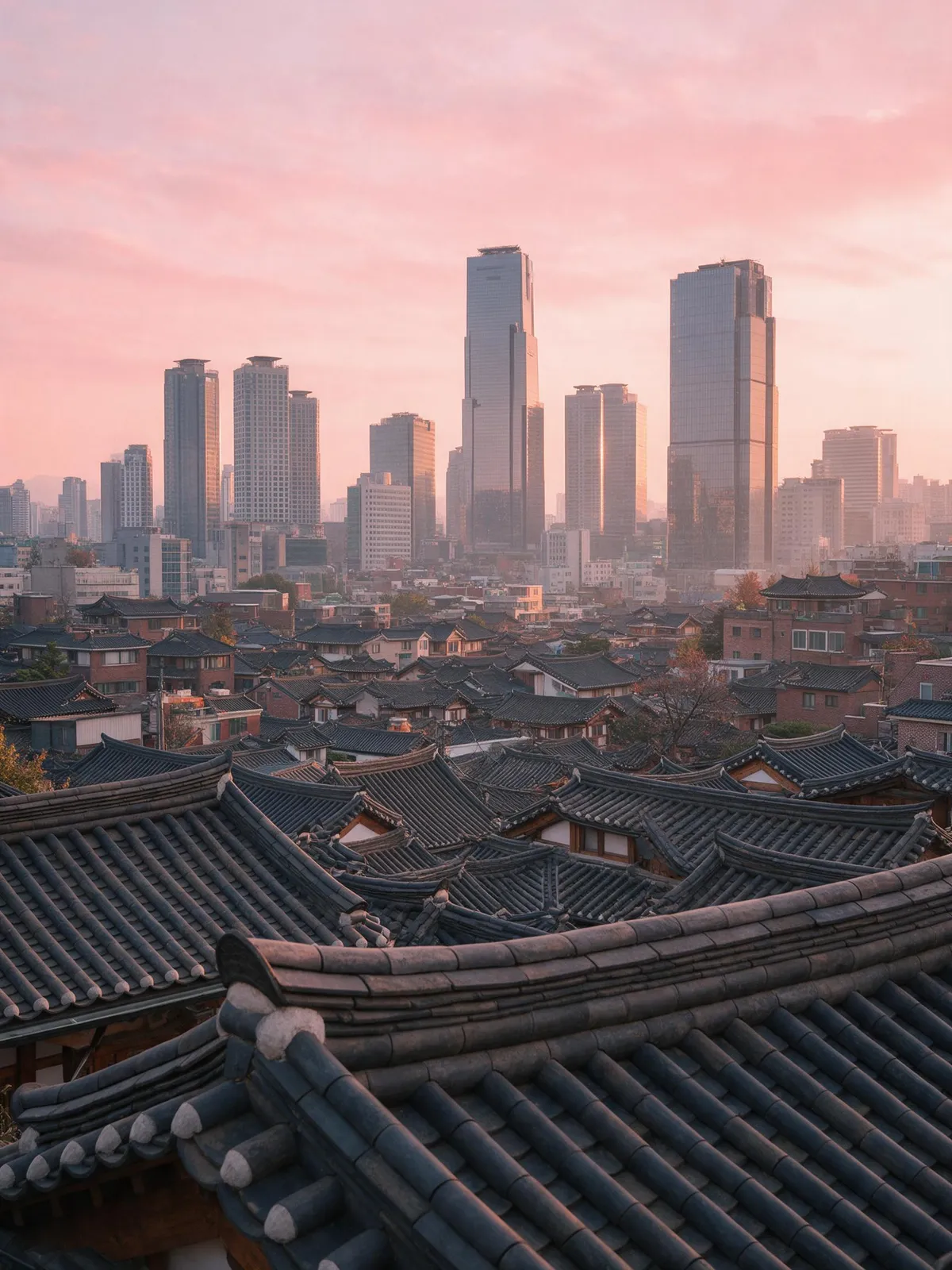 Seoul Bukchon hanok village at sunrise, tiled roofs in the foreground, modern skyscrapers rising behind, soft pink sky, tradition meets modernity