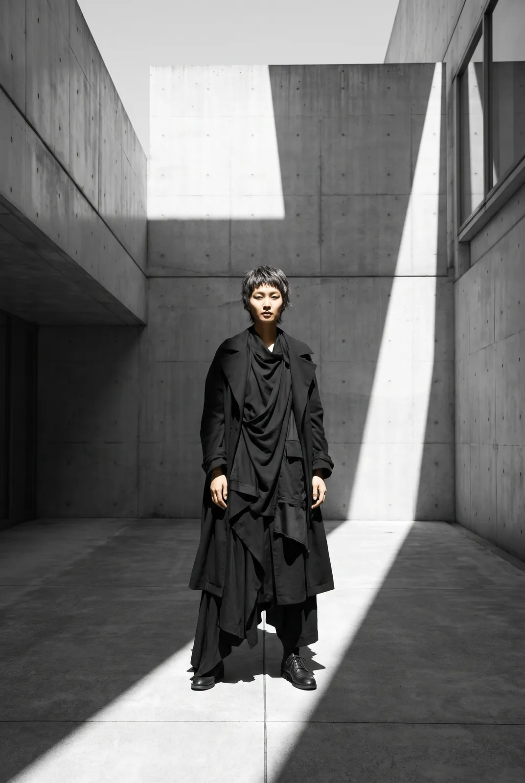 Japanese model in a deconstructed black Yohji-inspired layered outfit standing in a concrete Tadao Ando-like courtyard, single shaft of sunlight, strong geometric shadows, monochrome palette with a hi
