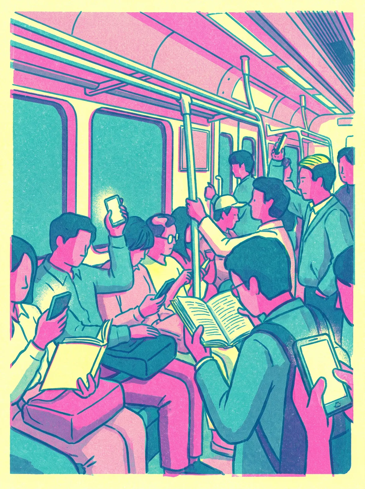 Risograph print illustration of a Seoul subway car at rush hour, commuters reading phones and paperbacks, limited palette of fluorescent pink, teal and yellow, grainy texture