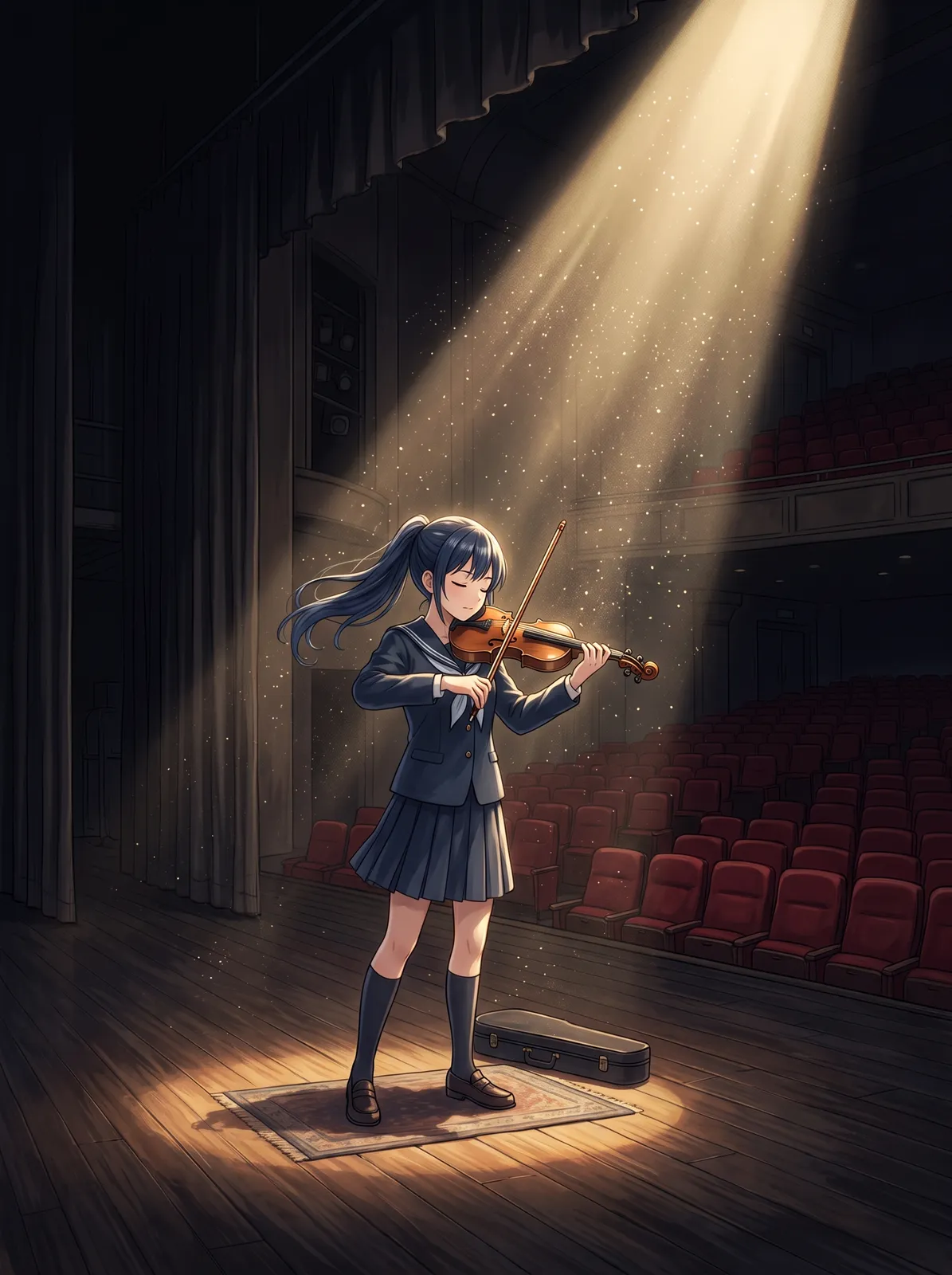 Anime girl playing the violin alone on a theater stage, dust in a single spotlight, empty red seats, emotional atmosphere
