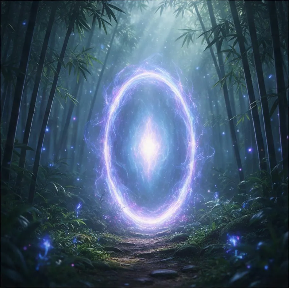 A portal in a bamboo forest, epic fantasy digital painting, cinematic light