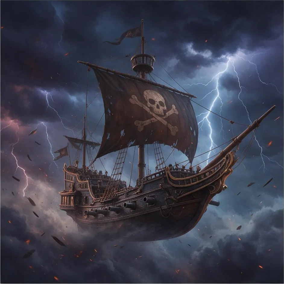 A pirate airship in a storm, epic fantasy digital painting, cinematic light