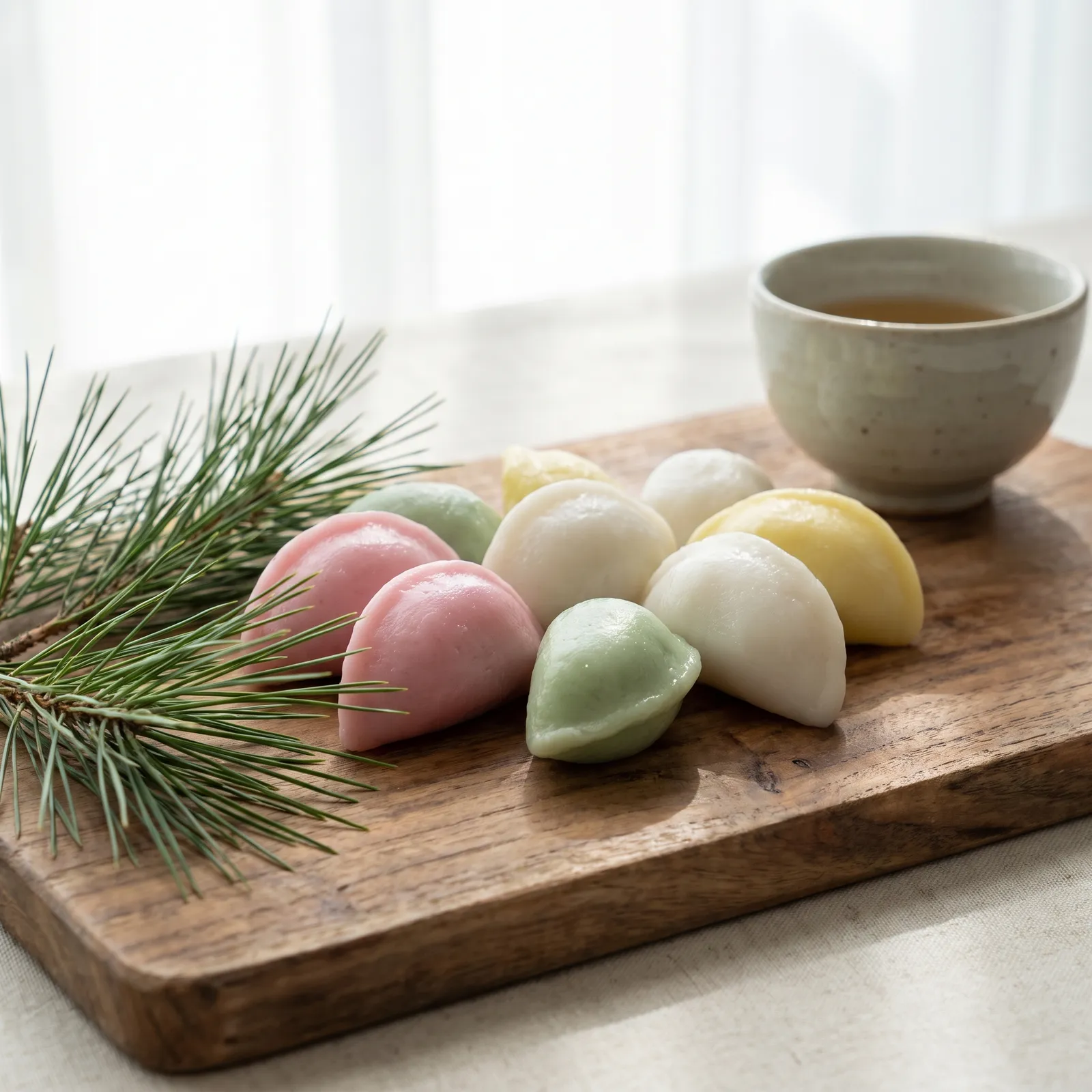 Korean tteok rice cakes in pastel colors arranged on a wooden board for Chuseok, songpyeon, pine needles, soft natural light
