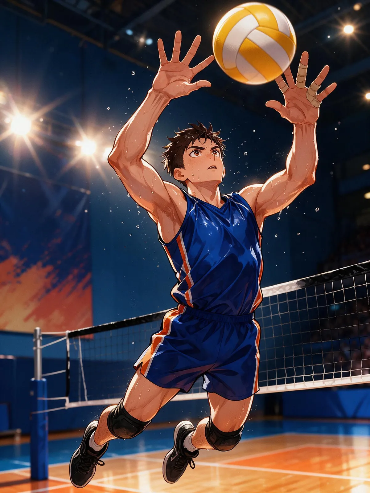Webtoon sports panel: a volleyball setter jumping at the net, ball suspended above his fingertips, gym lights flaring, sweat droplets, intense focus, dynamic foreshortening, vivid colors