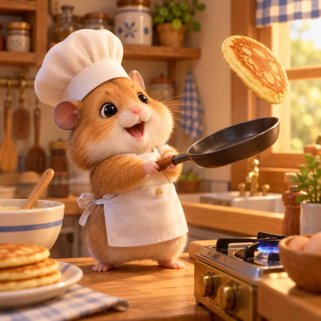 3D character of a tiny chef hamster wearing a white toque, flipping a pancake in a mini kitchen, Pixar style, warm lighting