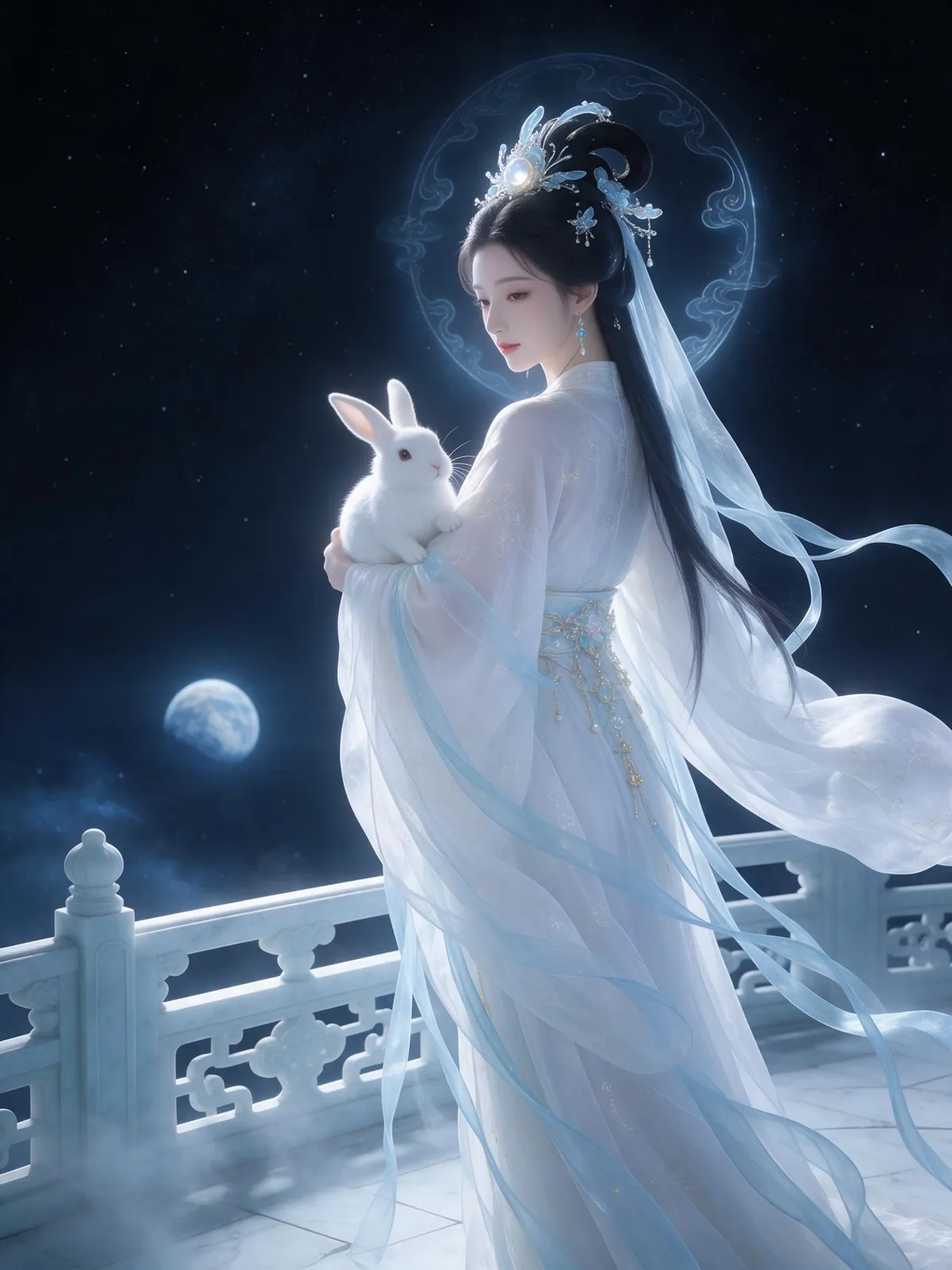 Guofeng moon goddess Chang'e in flowing white silk holding a jade rabbit on the moon palace terrace, earth far below, ethereal glow