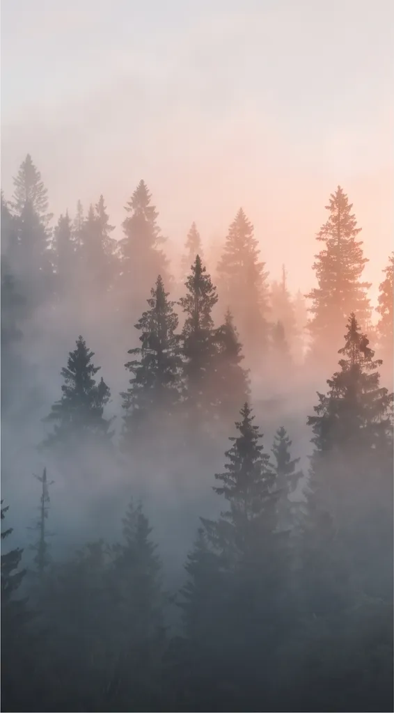 A misty forest at dawn, phone wallpaper, clean composition