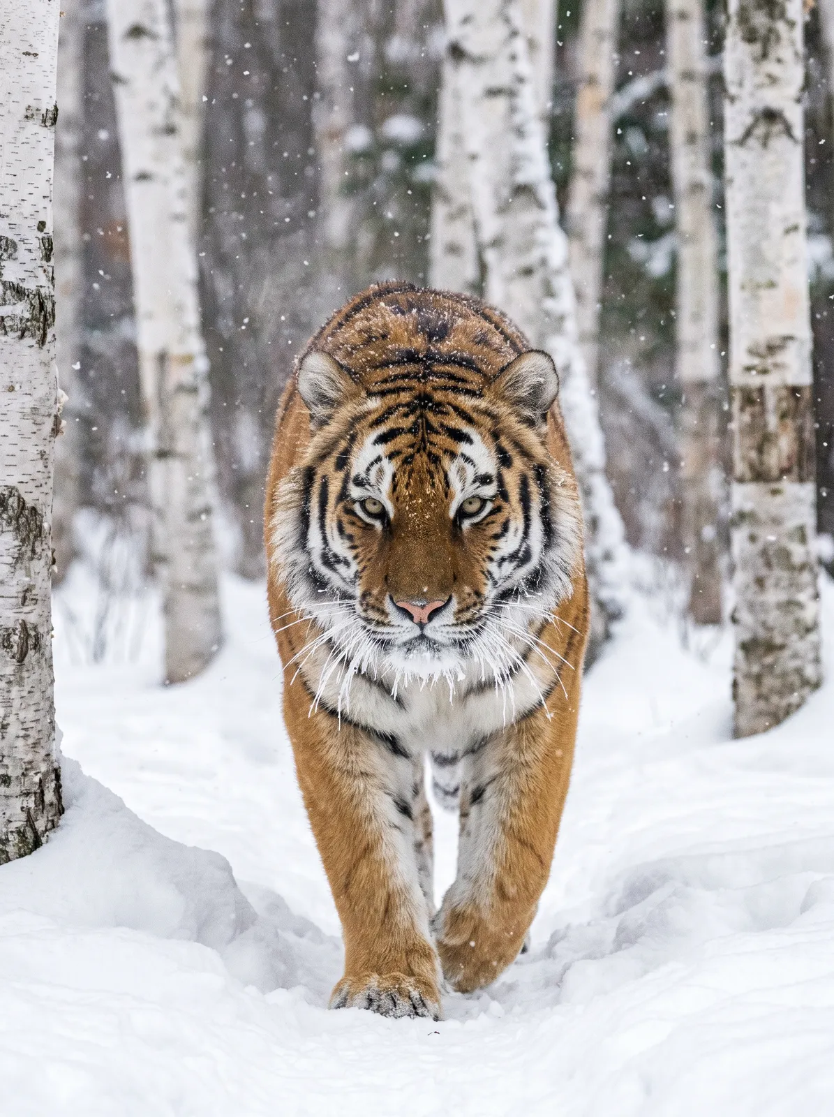 Amur tiger walking through a snowy birch forest, intense gaze toward camera, frost on whiskers, majestic wildlife photography