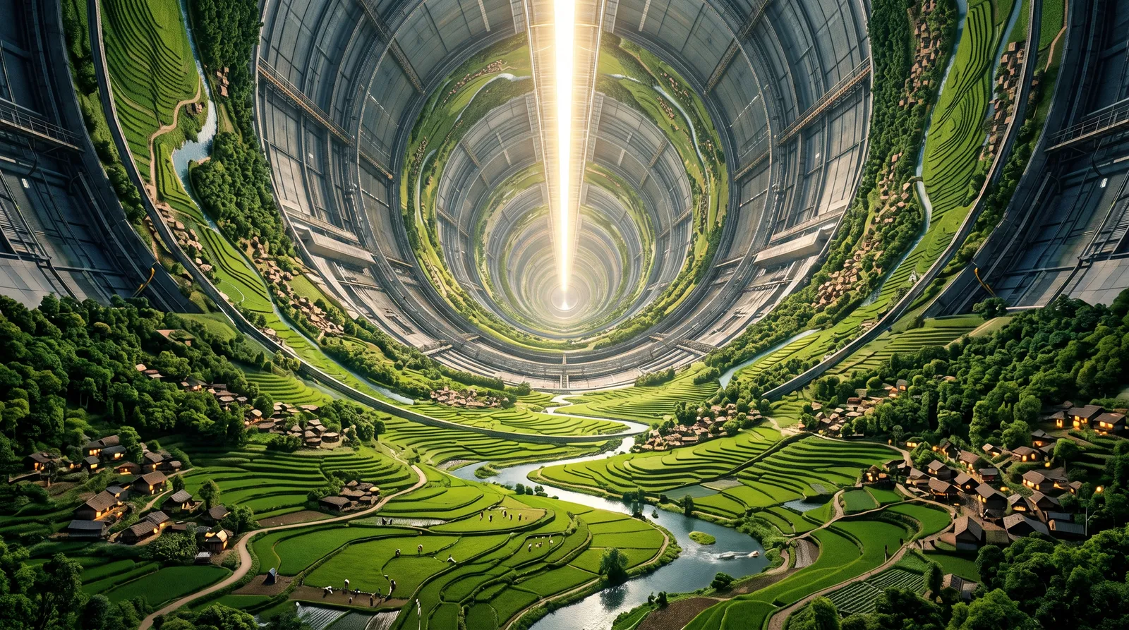 Massive generation ship interior with a cylindrical habitat: rice fields, villages and rivers curving up the walls, artificial sun line in the center, awe-inspiring scale
