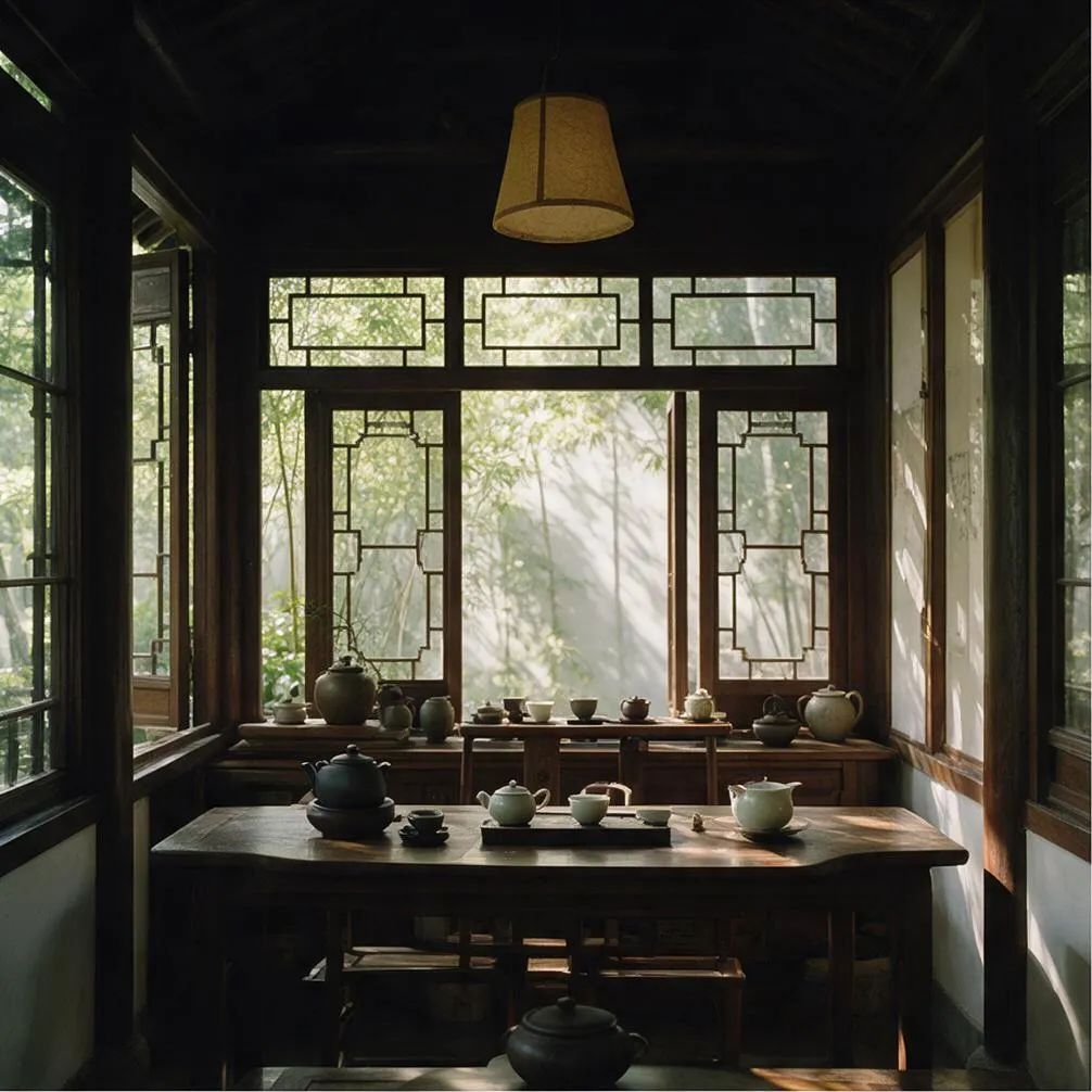 A Chinese tea house interior, architectural interior photography, natural light
