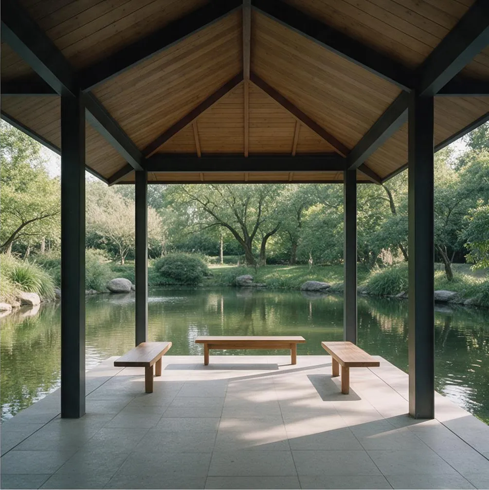 A modern pavilion by a pond, architectural interior photography, natural light
