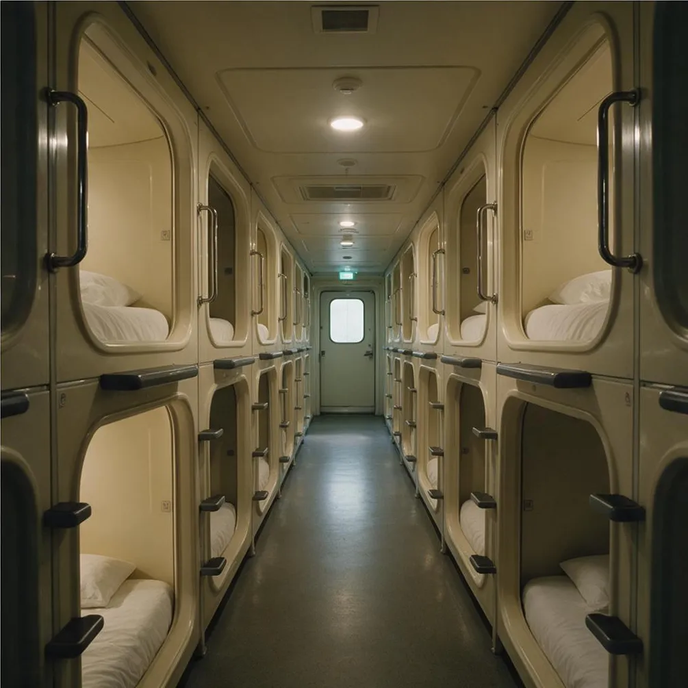 A capsule hotel corridor, architectural interior photography, natural light