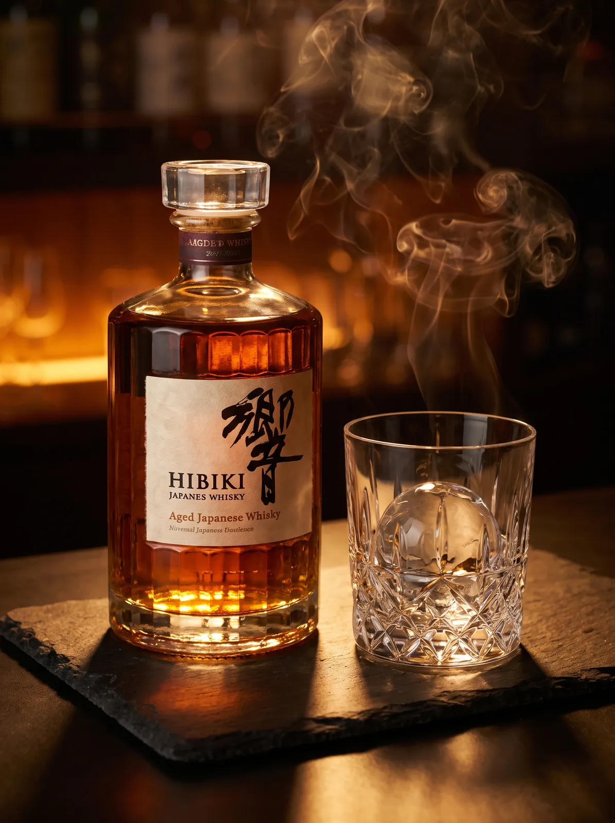 Bottle of premium Japanese whisky on a dark slate surface with a crystal glass and a large clear ice sphere, warm amber backlight, smoky atmosphere, luxury ad photography