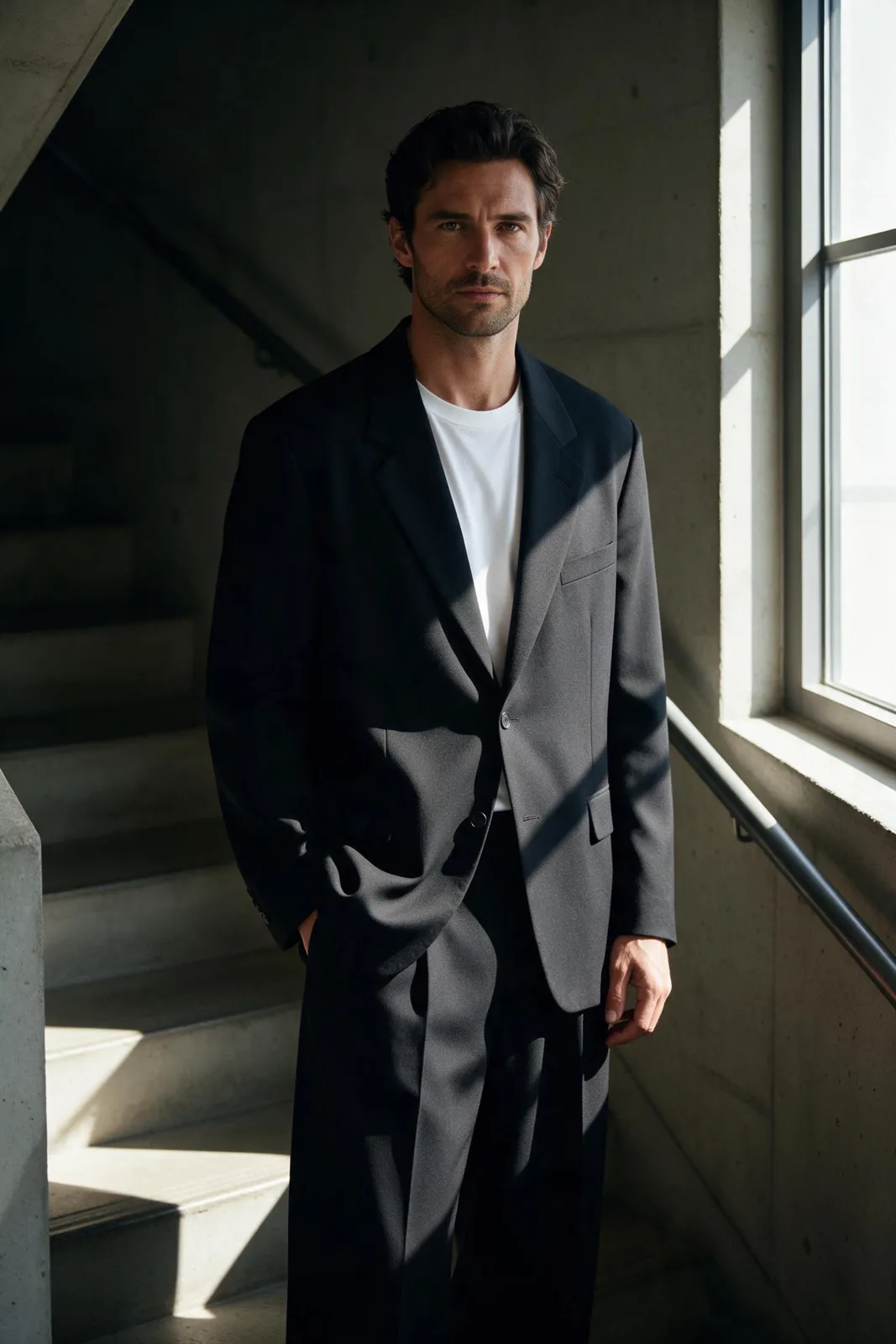 Tokyo minimalist menswear: a man in a black wide-leg suit and white tee standing in a concrete stairwell, dramatic single window light, clean lines, magazine cover composition