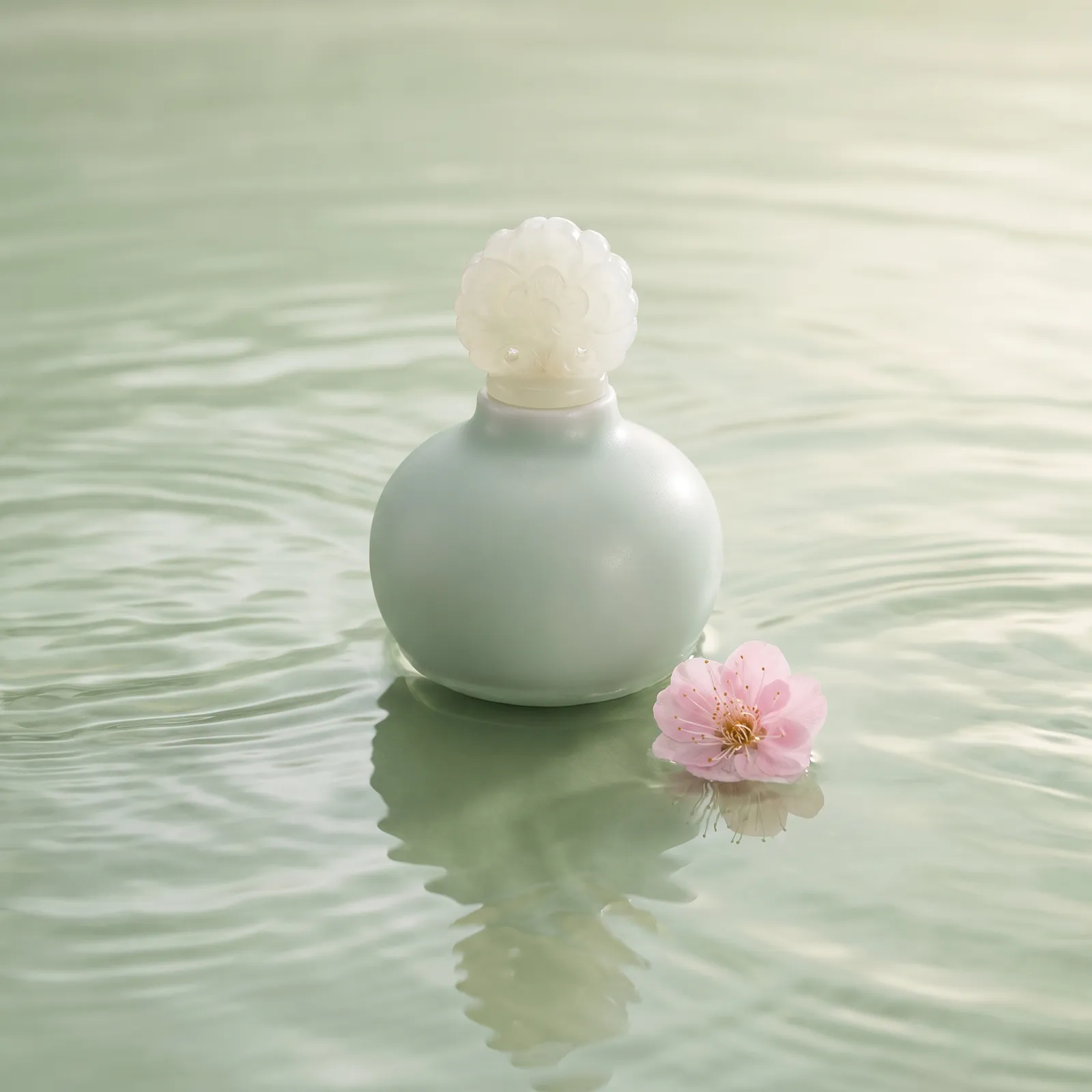 Celadon green perfume bottle with a carved stopper on rippled water, soft reflections, a single plum blossom floating beside it, serene luxury fragrance ad