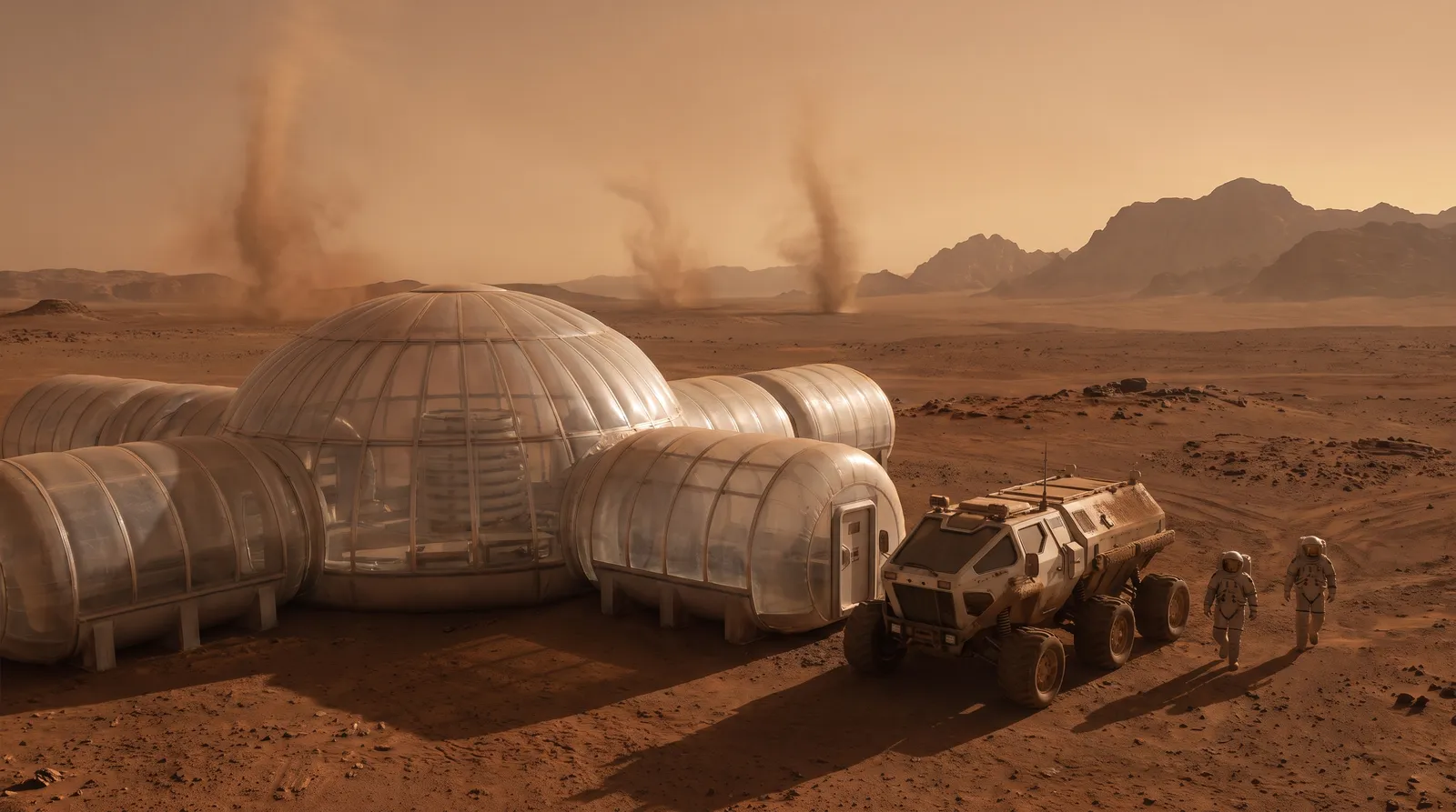 Desert research outpost on Mars with inflatable habitat domes, a rover parked outside, astronauts walking under a butterscotch sky, dust devils on the horizon, photoreal cinematic