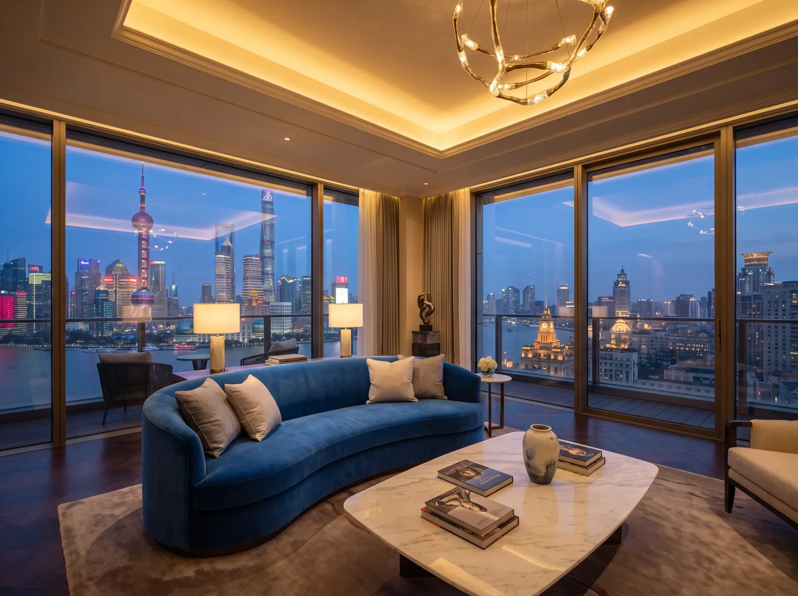 Luxury Shanghai penthouse living area with floor-to-ceiling windows overlooking the skyline at dusk, velvet sofa, marble coffee table, warm accent lighting
