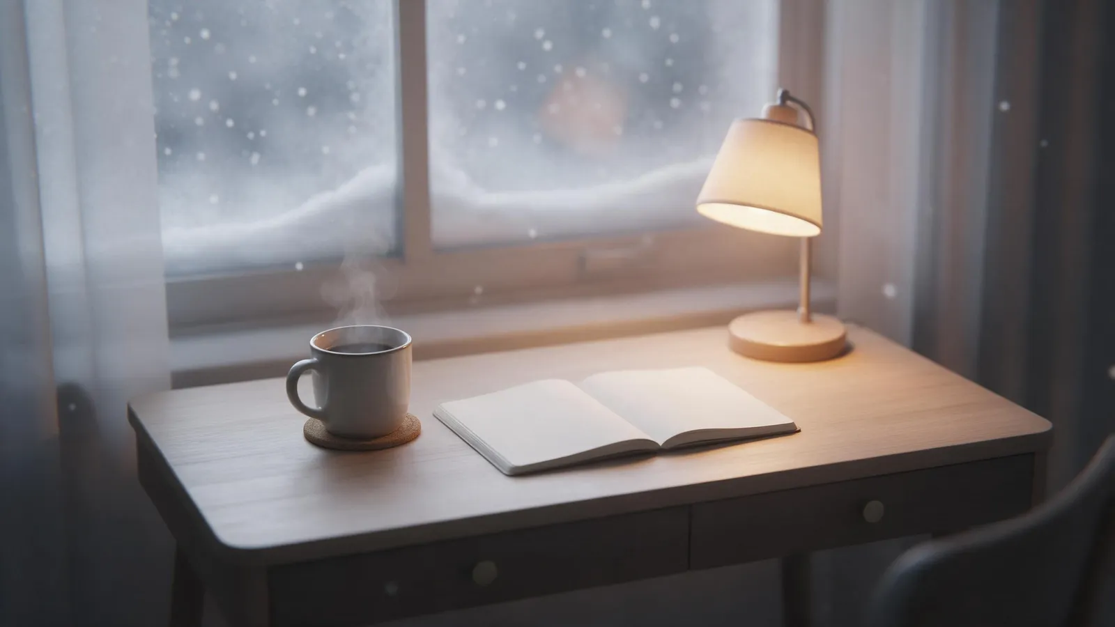 Desktop wallpaper of a cosy desk by a frosted window during snowfall, a steaming mug, a blank open notebook and a warm lamp, soft focus, gentle warm and cool tones