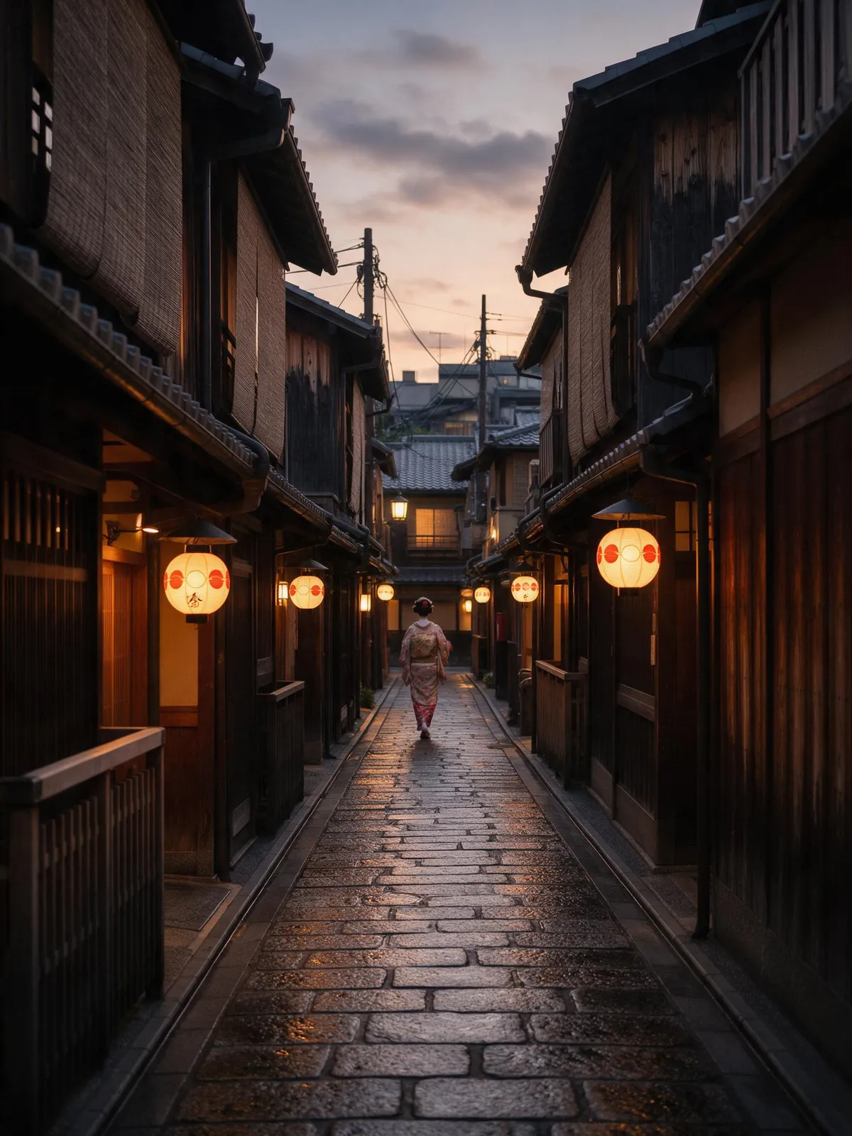 Narrow alley in Kyoto's Gion district at dusk, wooden machiya facades, paper lanterns just lit, a geiko walking away in the distance, wet stone path, atmospheric