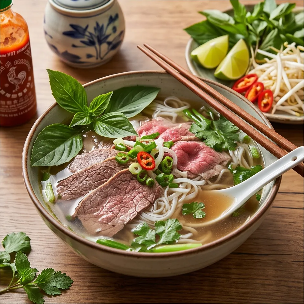 Vietnamese pho with herbs, professional food photography, appetizing
