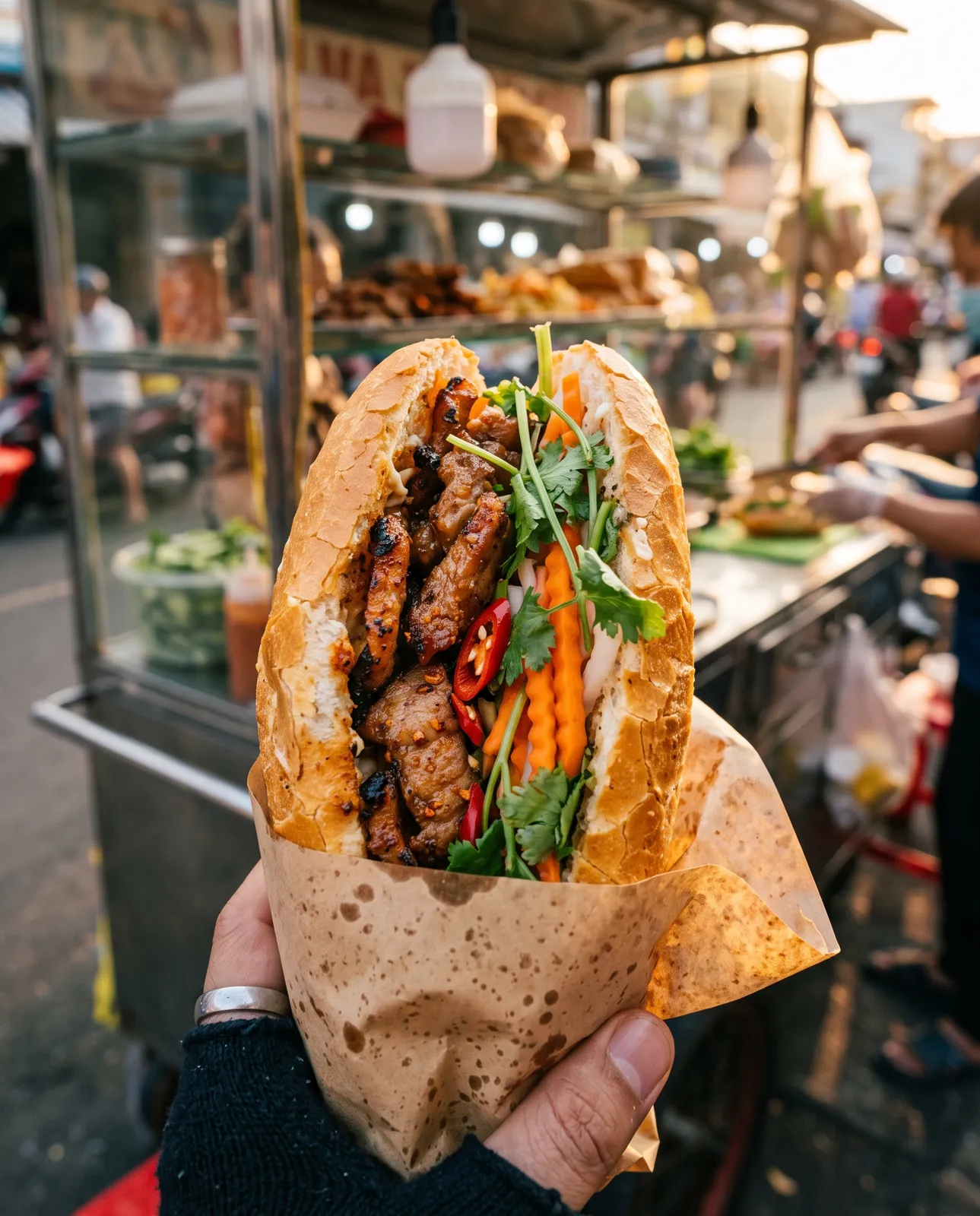 Vietnamese banh mi stuffed with grilled pork, pickled carrot, coriander and chili, wrapped in paper at a street stall, warm afternoon light, appetising close-up
