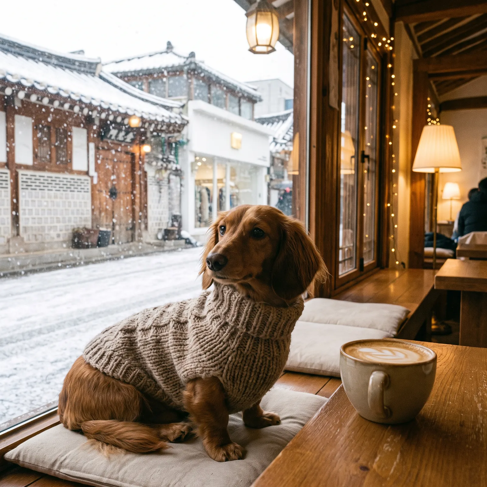 Dachshund in a knitted turtleneck sweater sitting in a Seoul café window seat on a snowy afternoon, a latte steaming beside it, warm interior light, curious tilted head