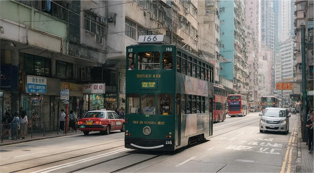 A Hong Kong tram on a busy street, cinematic street photography