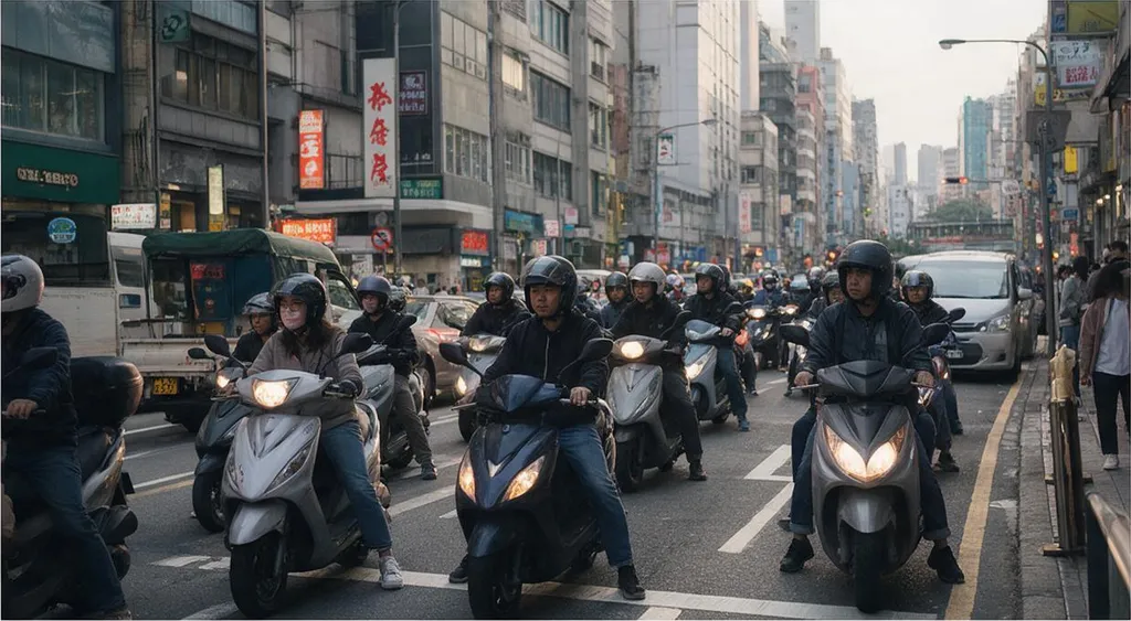 A Taipei street with scooters, cinematic street photography