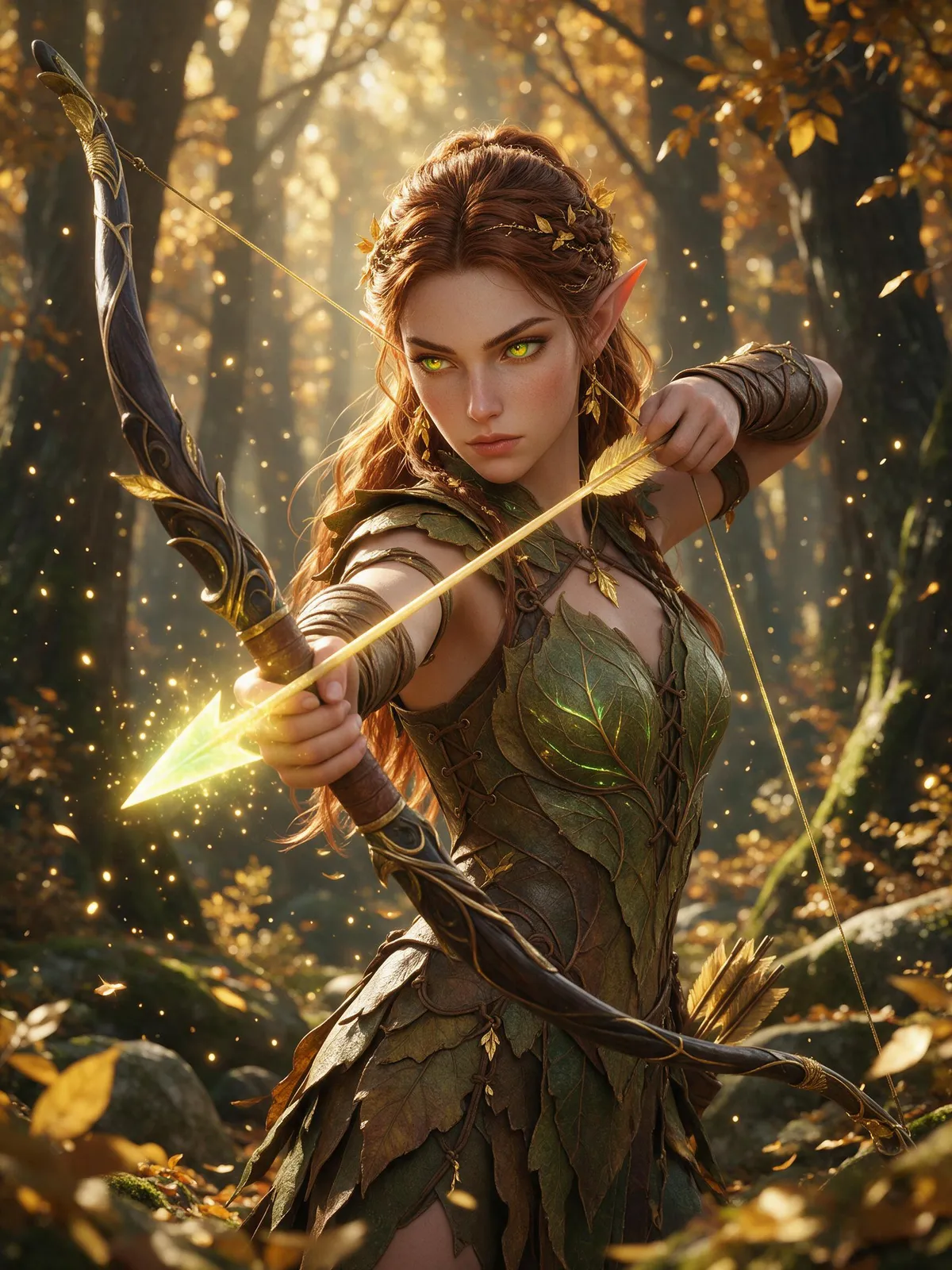 Fantasy portrait of an elven archer with jade-green eyes in leaf-patterned leather armor, drawing a glowing arrow in an autumn forest, golden particles in the air, sharp detailed rendering