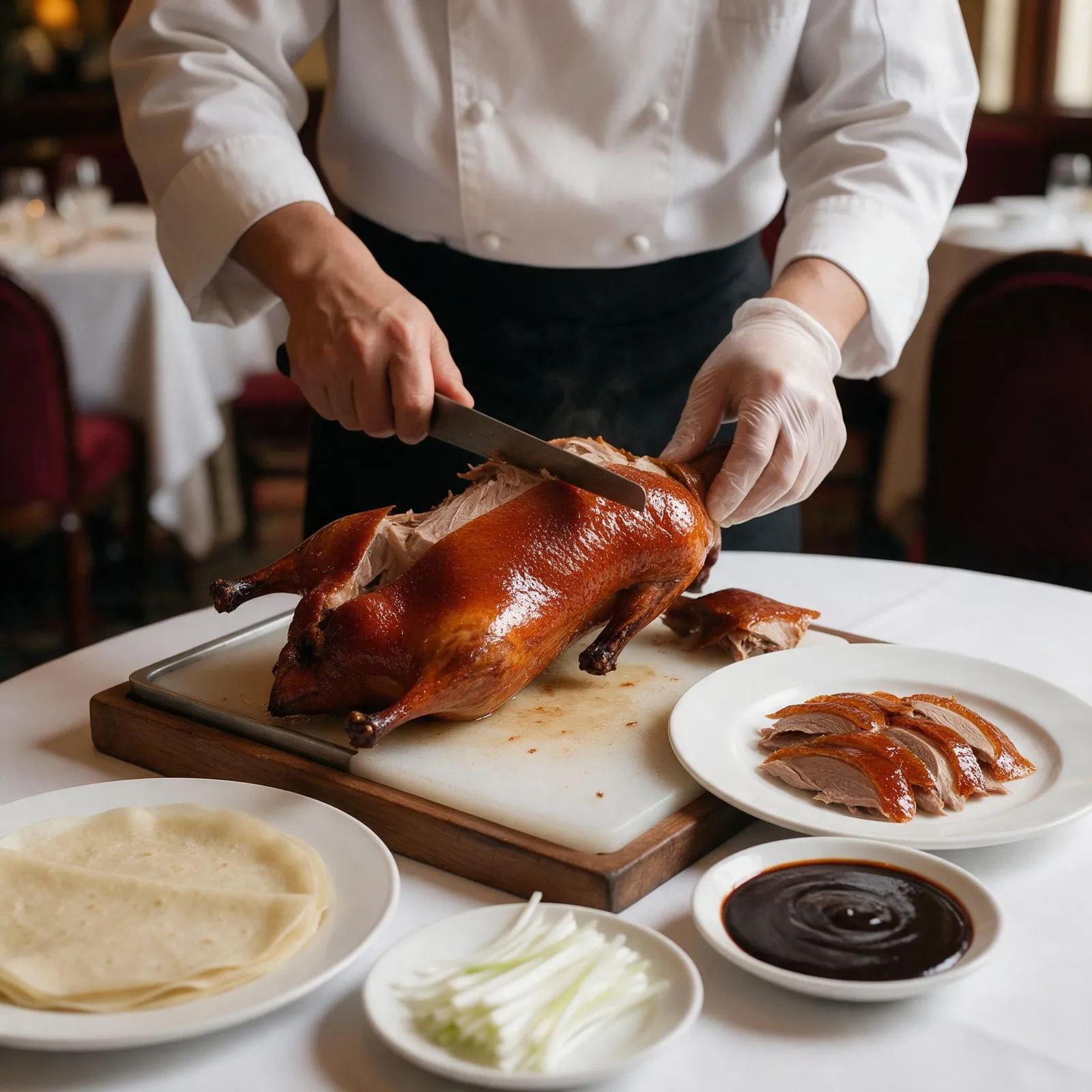 Peking duck carved tableside with crispy glossy skin, pancakes, scallions and hoisin sauce, elegant restaurant
