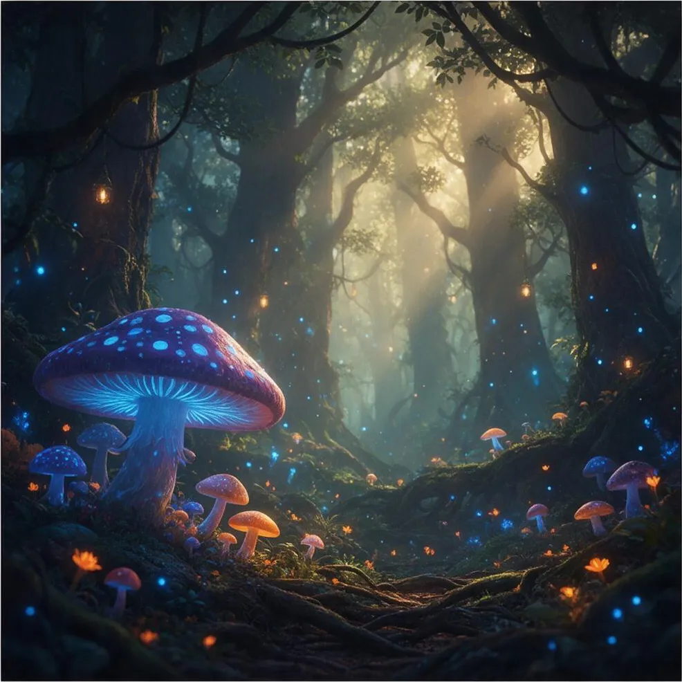 An enchanted forest with glowing mushrooms, epic fantasy digital painting, cinematic light