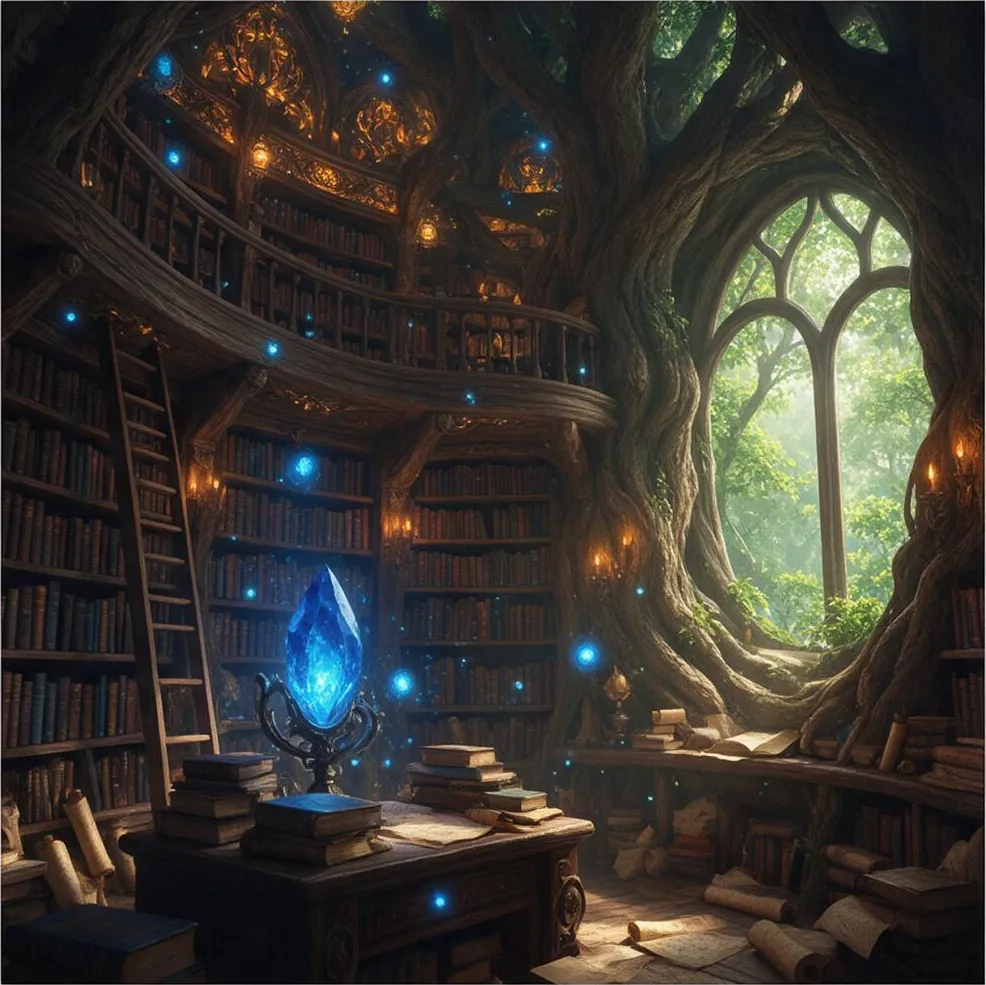 A mage library in a tree, epic fantasy digital painting, cinematic light