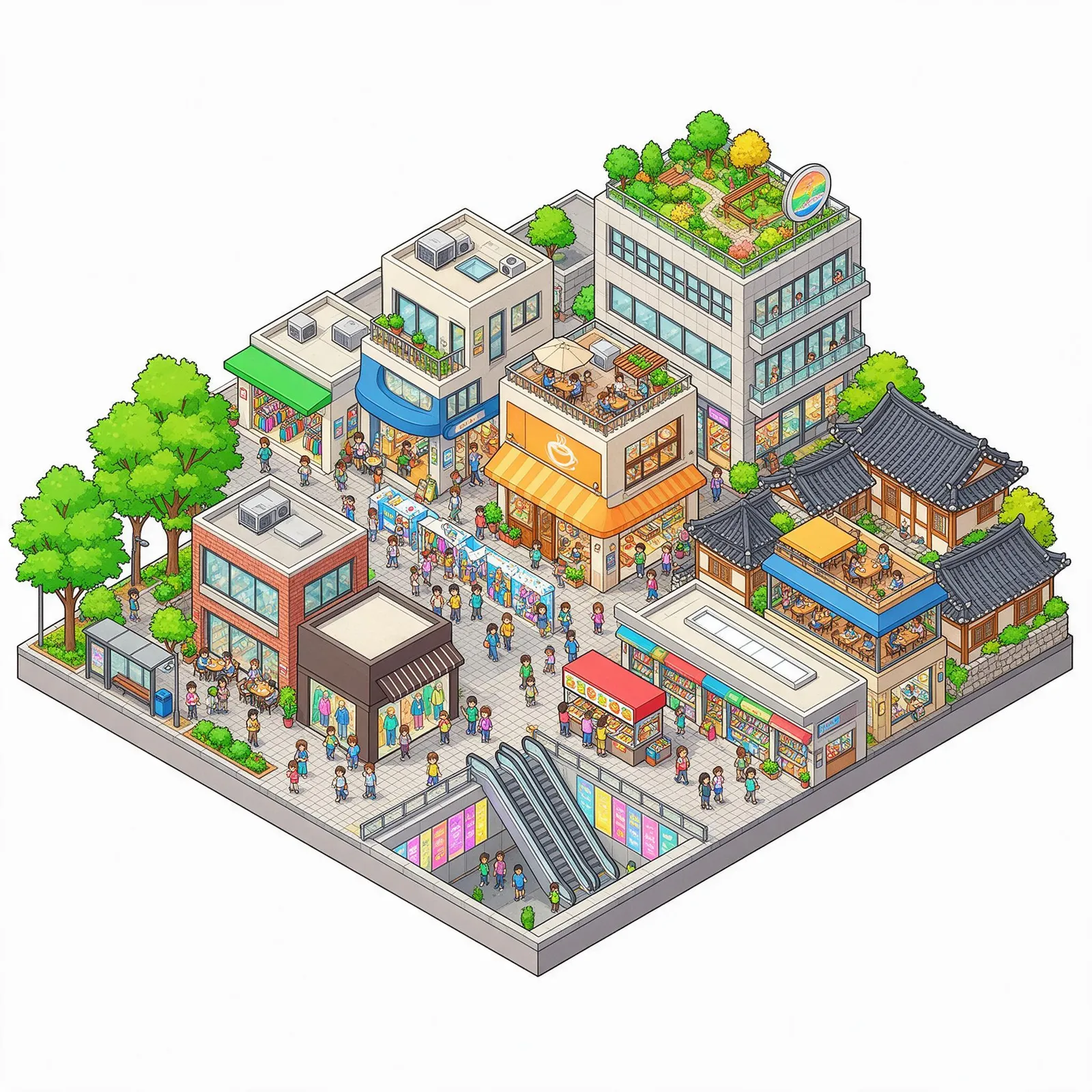Isometric illustration of a busy Seoul street block with tiny shops, cafes and people, bright cheerful colors, intricate detail, game-map style