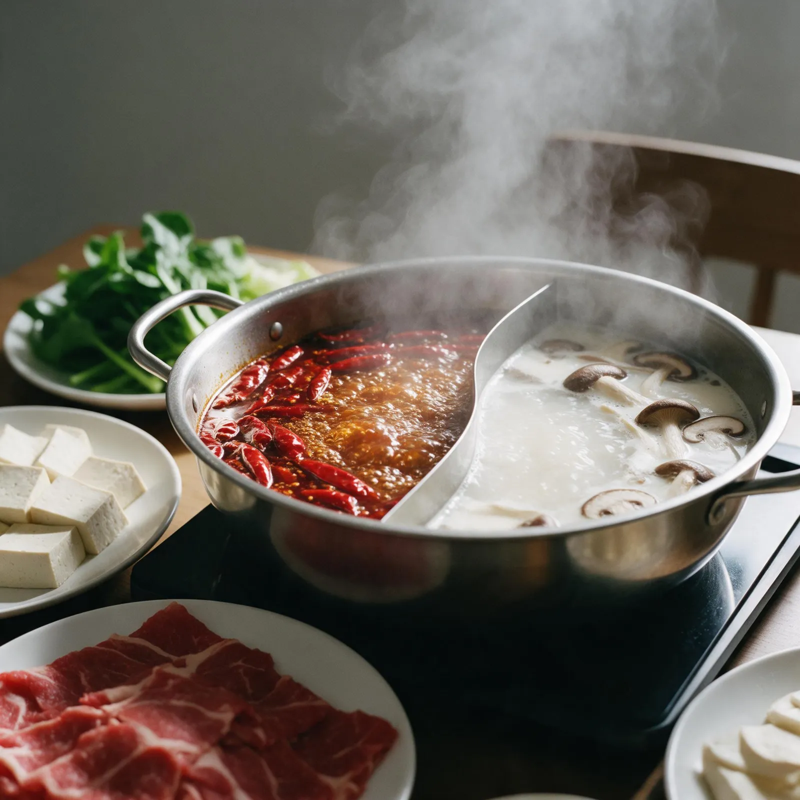 Chinese hot pot with a split red chili broth and white mushroom broth bubbling, plates of thinly sliced beef, tofu and greens around it, steamy dramatic light