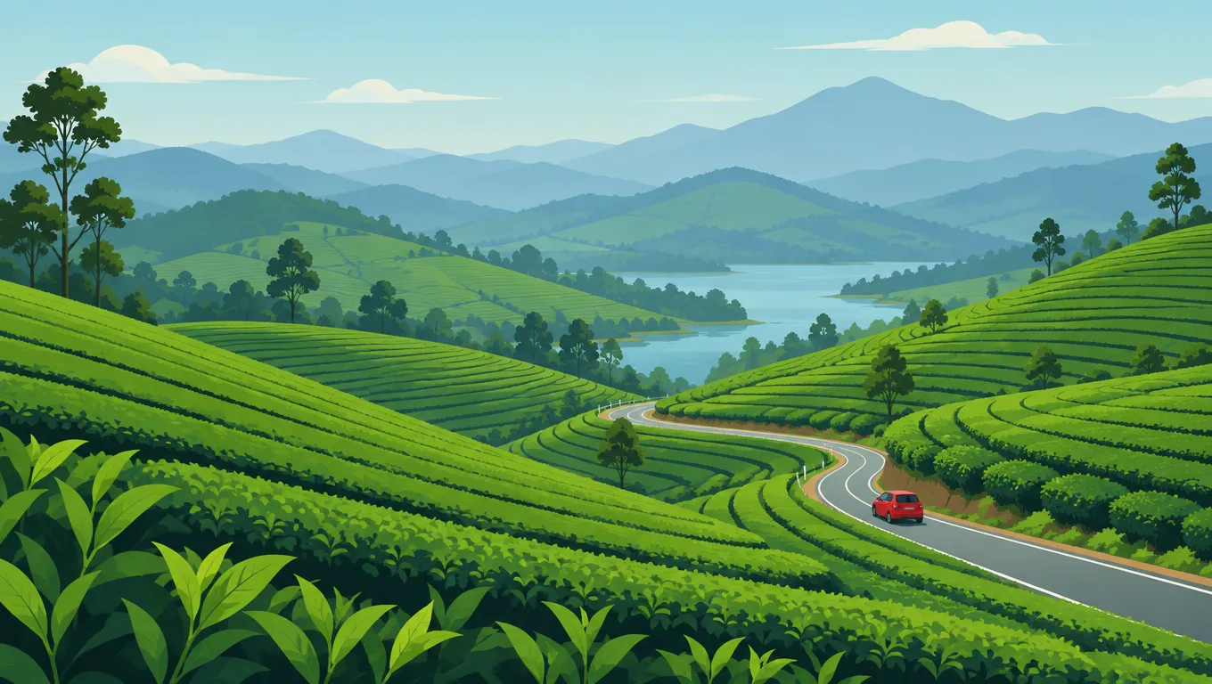 Vector landscape illustration of rolling green tea hills with a winding road and a tiny red car, flat layered shapes, calm palette