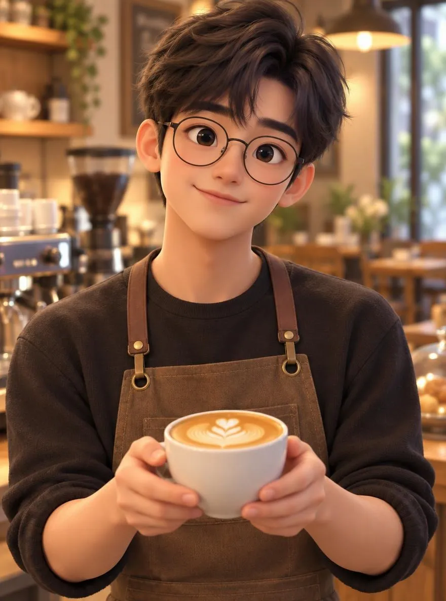 Stylized 3D render of a young Korean barista boy with round glasses holding a latte, cozy café background softly blurred, Disney-like character design, warm lighting