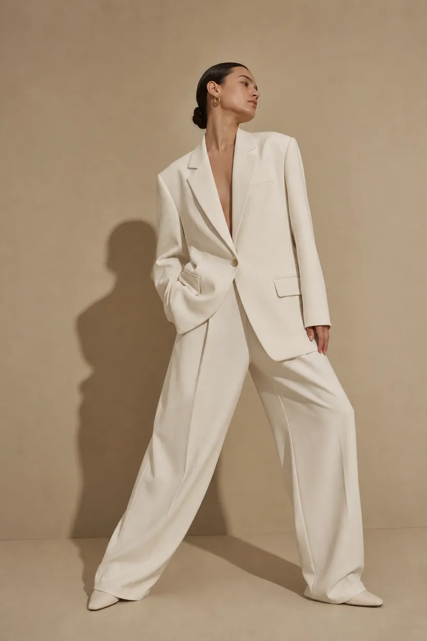 Minimal studio fashion shot of a model in an ivory oversized blazer and wide trousers against a sand-coloured backdrop, sculptural pose, clean soft shadow