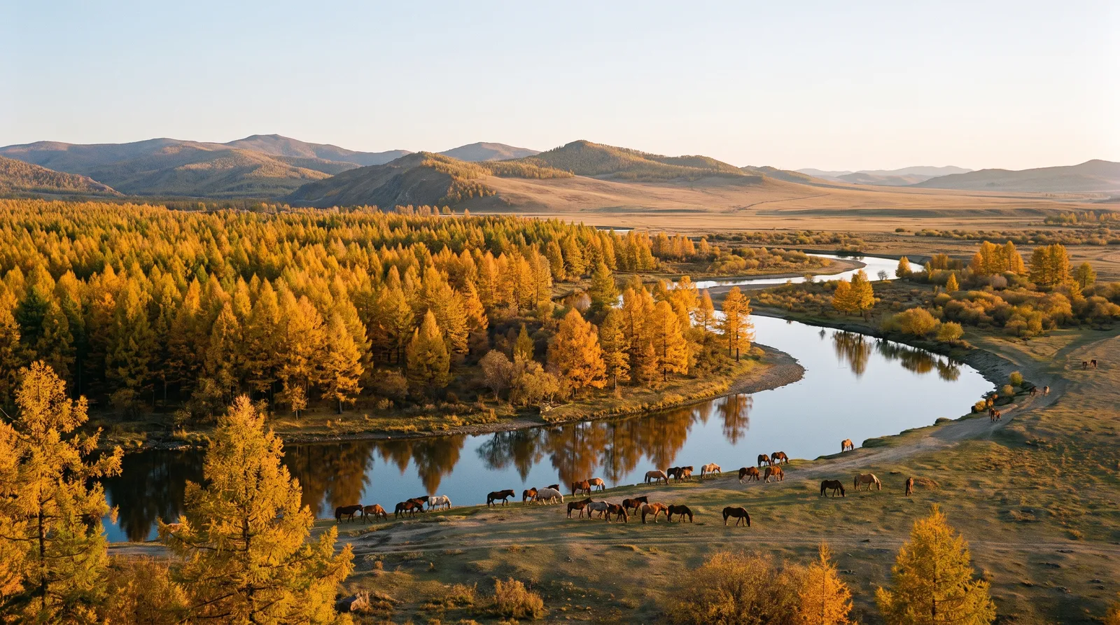 Landscape: golden larch forest in Inner Mongolia in late autumn, a winding river, horses grazing, wide panoramic view