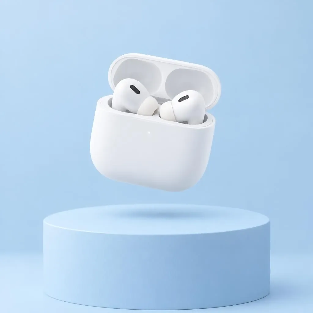 Wireless earbuds in an open matte white case floating above a pastel blue pedestal, soft shadows, clean tech product render, Apple-style simplicity