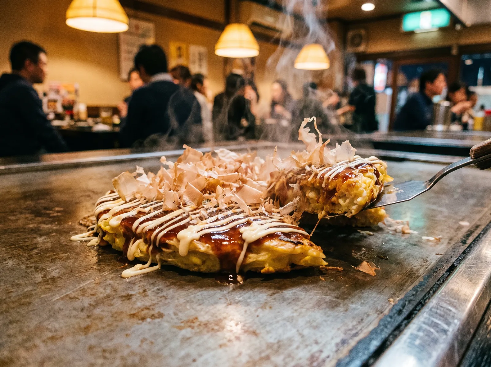 Osaka okonomiyaki on a teppan griddle with bonito flakes dancing, mayo drizzle, a spatula, warm restaurant light