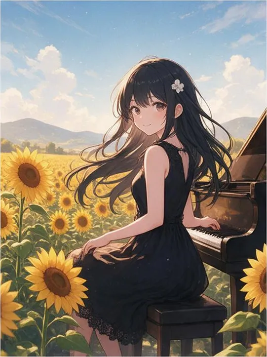 vibrant anime illustration, dynamic composition: a pianist girl in a black dress in a sunflower field