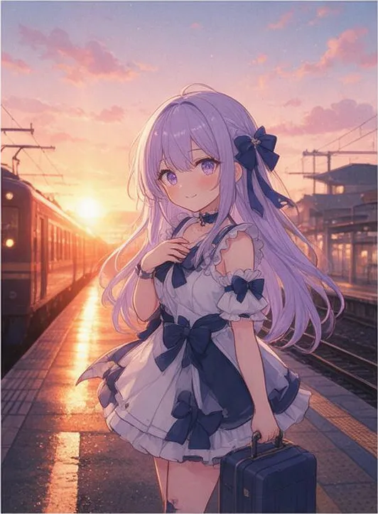 90s retro anime style, soft film grain: an idol girl with lavender hair on a train platform at sunset