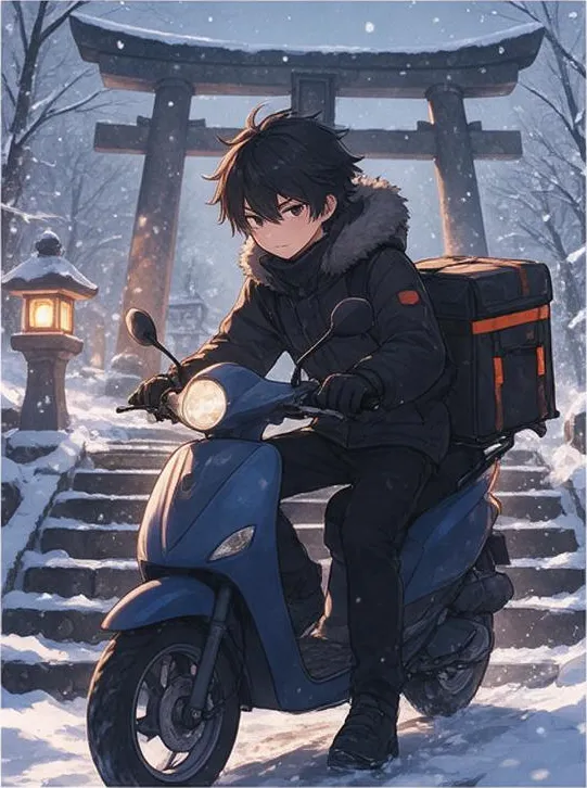 modern anime key visual, cel shading, detailed background: a delivery boy on a scooter in a snowy shrine