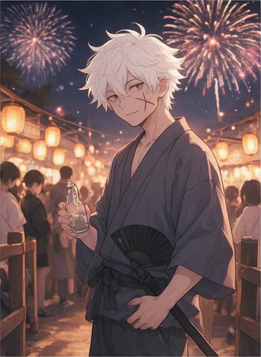 lo-fi anime illustration, cozy palette: a cool boy with white hair and a scar at a summer festival with fireworks