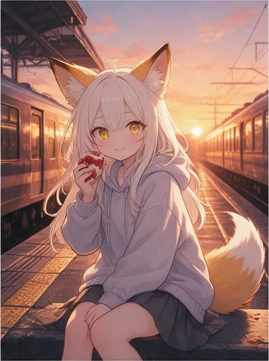 vibrant anime illustration, dynamic composition: a girl with fox ears in a hoodie on a train platform at sunset