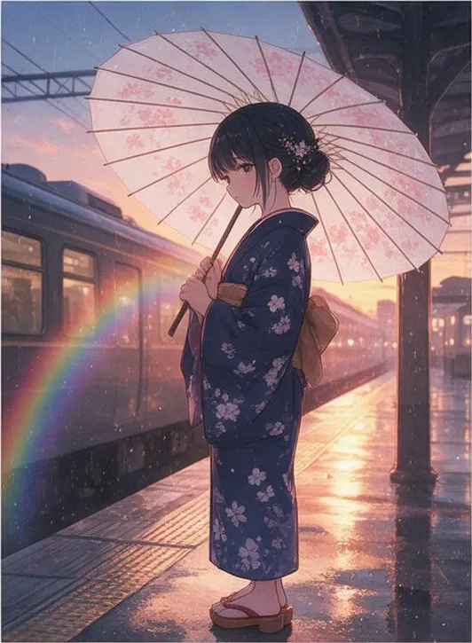 lo-fi anime illustration, cozy palette: a girl in a kimono with a paper umbrella on a train platform at sunset