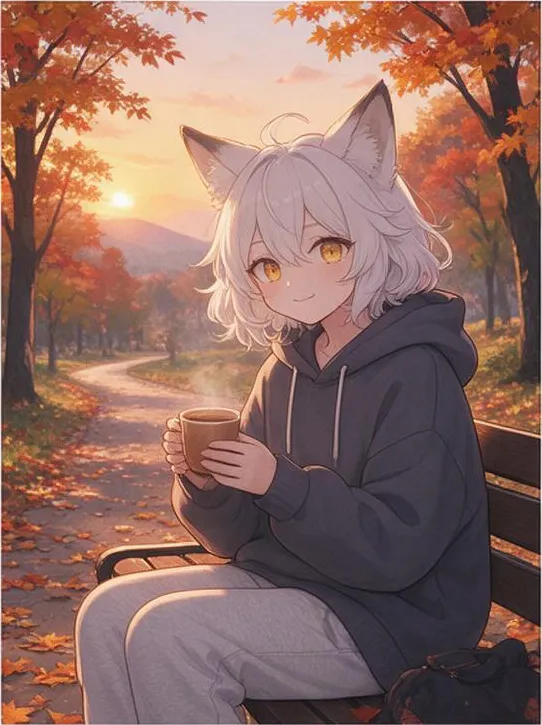 lo-fi anime illustration, cozy palette: a girl with fox ears in a hoodie in an autumn park