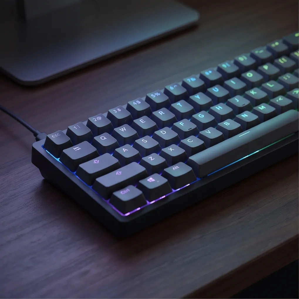A mechanical keyboard with RGB glow, luxury product photography, minimal composition
