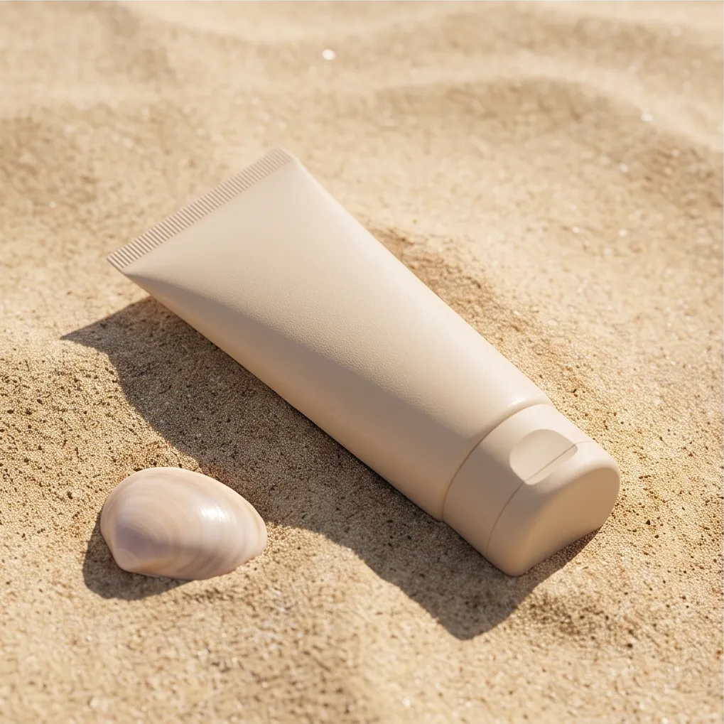 A sunscreen tube on beach sand, luxury product photography, minimal composition