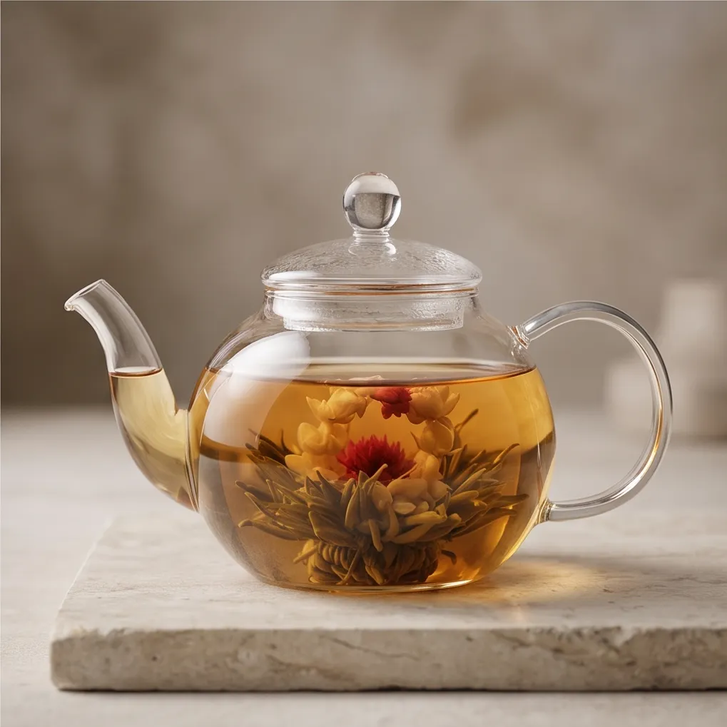 A glass teapot with blooming tea, luxury product photography, minimal composition